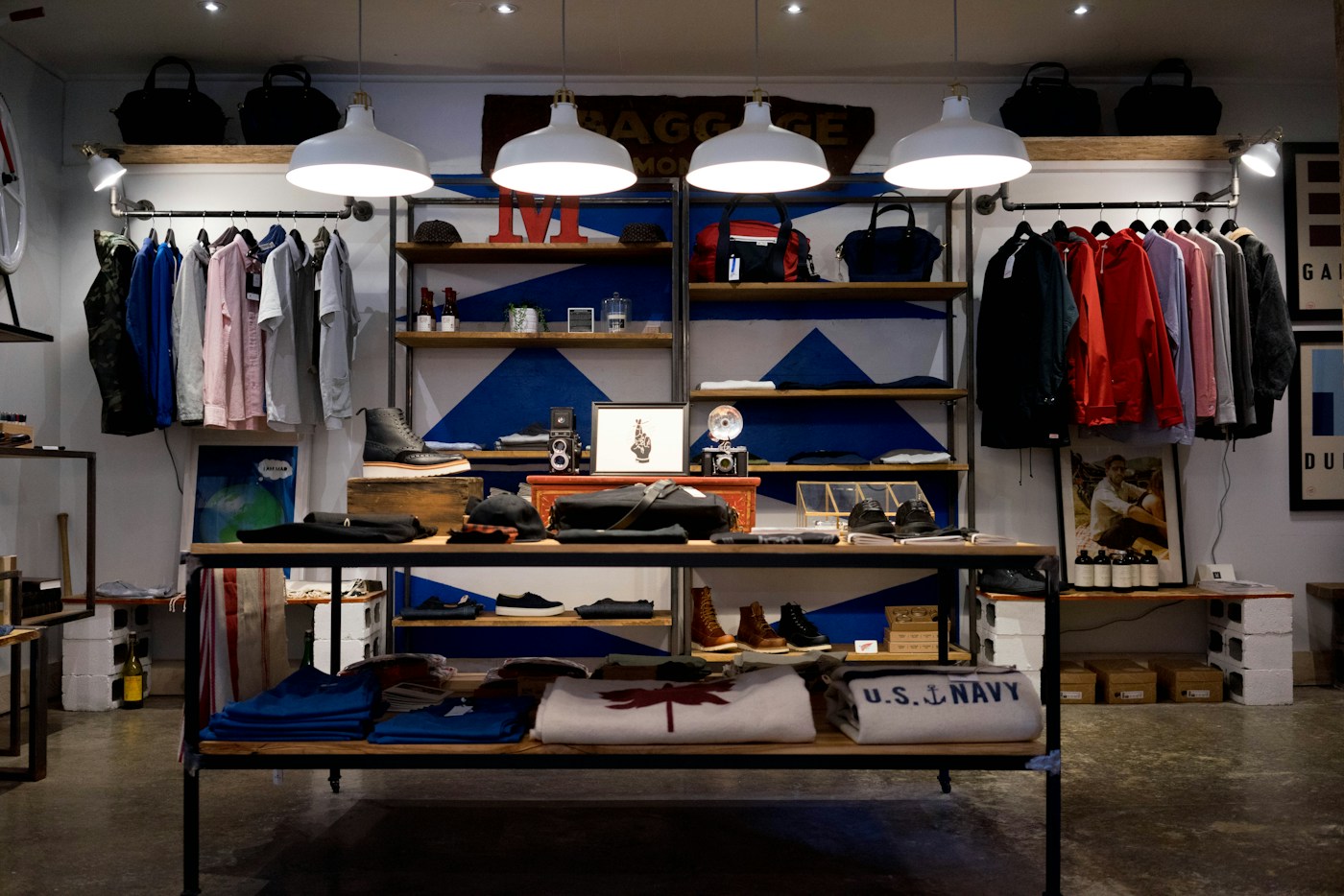 Interior of a retail clothing store with merchandise displays